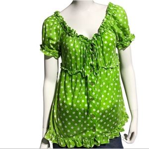Lime Green Button Down Blouse with Polka Dots & Ruffles